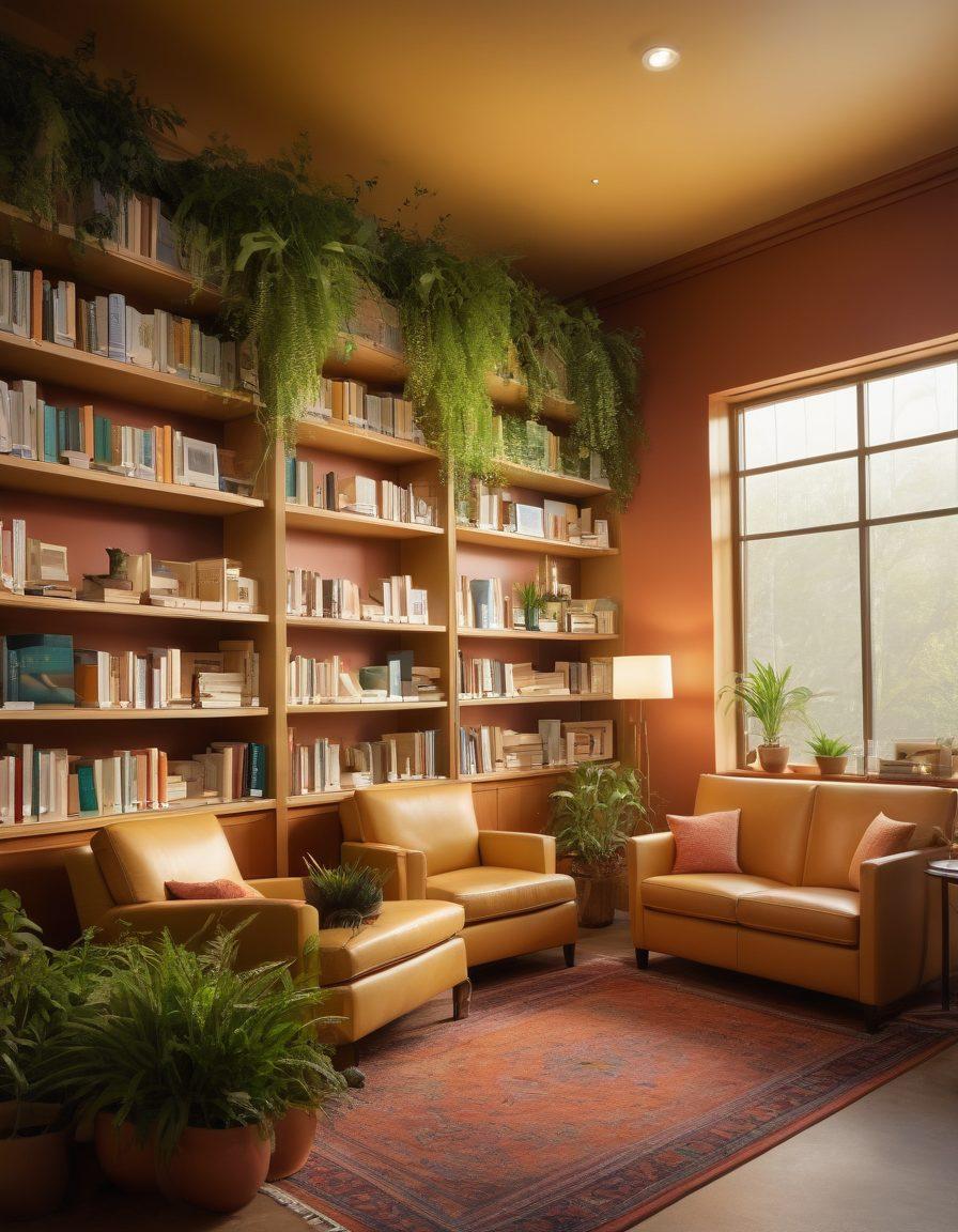 A serene library setting with a diverse group of patients engaging in a supportive discussion about oncology and wellness. Stacks of books filled with medical knowledge are interspersed with plants representing growth and healing. Warm lighting creates a comforting atmosphere, while motivational quotes are displayed on the walls. The scene conveys empowerment and collaboration through learning. super-realistic. vibrant colors. warm tones.