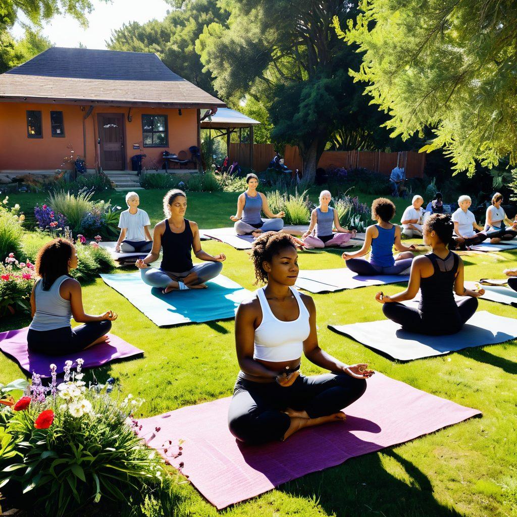 A serene community gathering, where diverse individuals share stories and support each other in a vibrant, sunlit park. In the foreground, an herbalist prepares natural remedies, surrounded by plants and flowers symbolizing alternative therapies. In the background, a group participates in a yoga session, promoting wellness and unity. The atmosphere is warm and inviting, depicting a sense of hope and healing. super-realistic. vibrant colors. 3D.