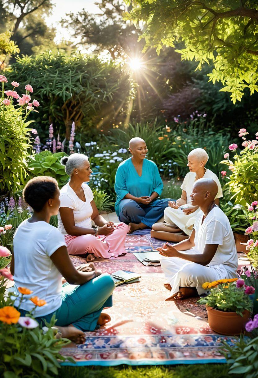 A serene and uplifting scene depicting a diverse group of cancer survivors sharing stories and support in a sunlit garden. Include elements of nature like blooming flowers and butterflies symbolizing hope, alongside holistic health items like herbal teas and yoga mats. The atmosphere should radiate warmth and empowerment, with soft colors promoting a sense of healing. super-realistic. vibrant colors. natural setting.